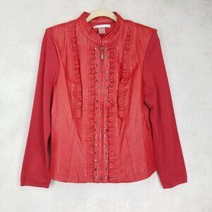 Peter Bygard Petites L Zip up Genuine Leather Jacket w Ribbed panels in Red